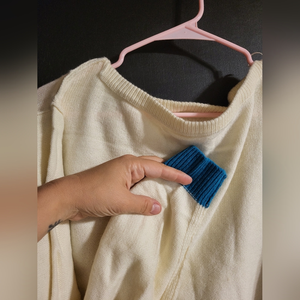 Free People Cream Cropped Sweater with Teal Trim - Picture 7 of 16